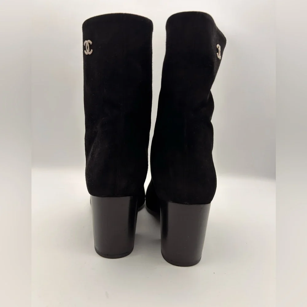 CHANEL Black Suede CC Calfskin Short Boots Made in Italy Size 38 Box Dustbags